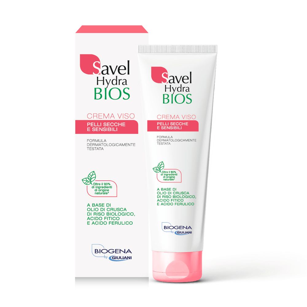 Tubo e confezione di crema. Scritta: Savel Hydra BIOS, Creme Viso, Pelli Secche e Sensibili. Biogena.