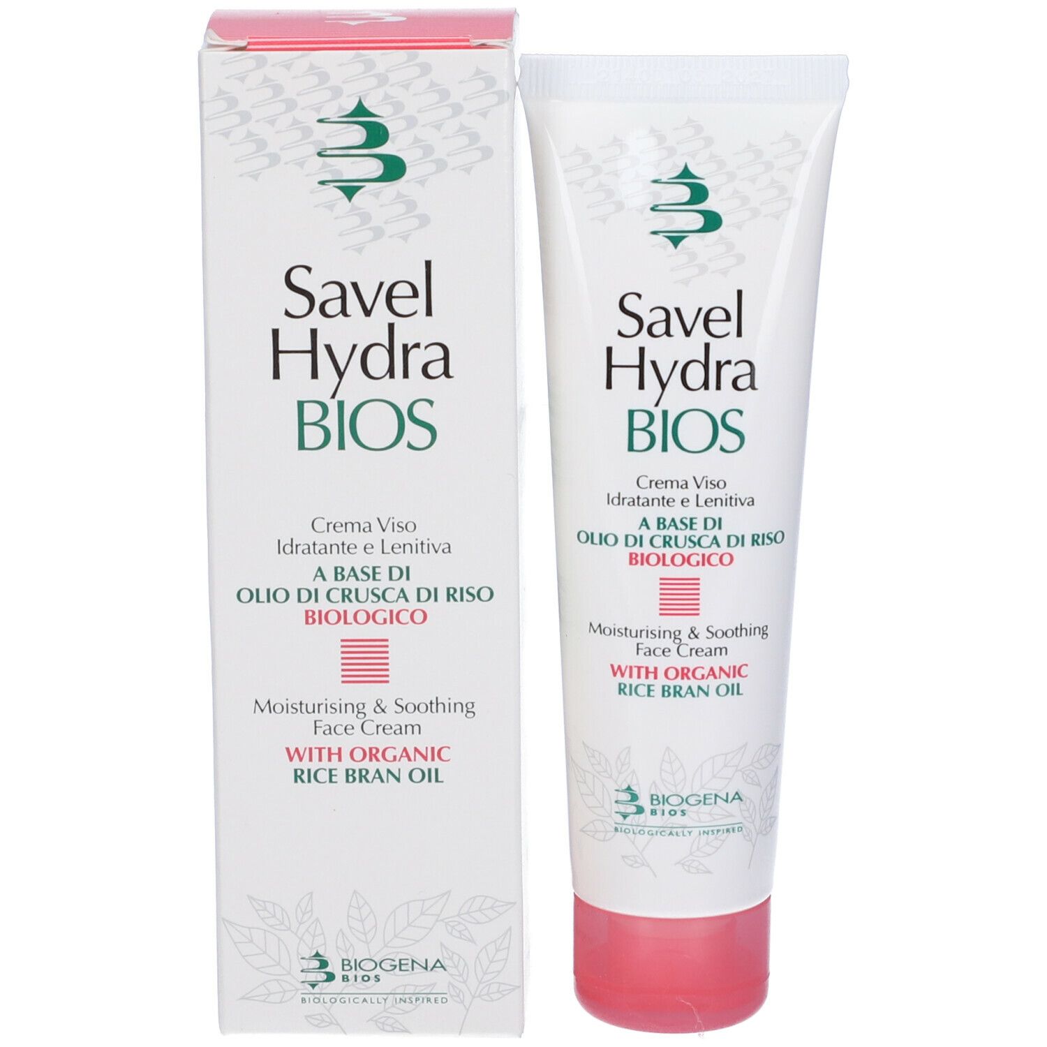 Tubo e confezione affiancati. Scritta: Savel Hydra BIOS. Creme Viso, Idratante e Lenitiva. Biogena.