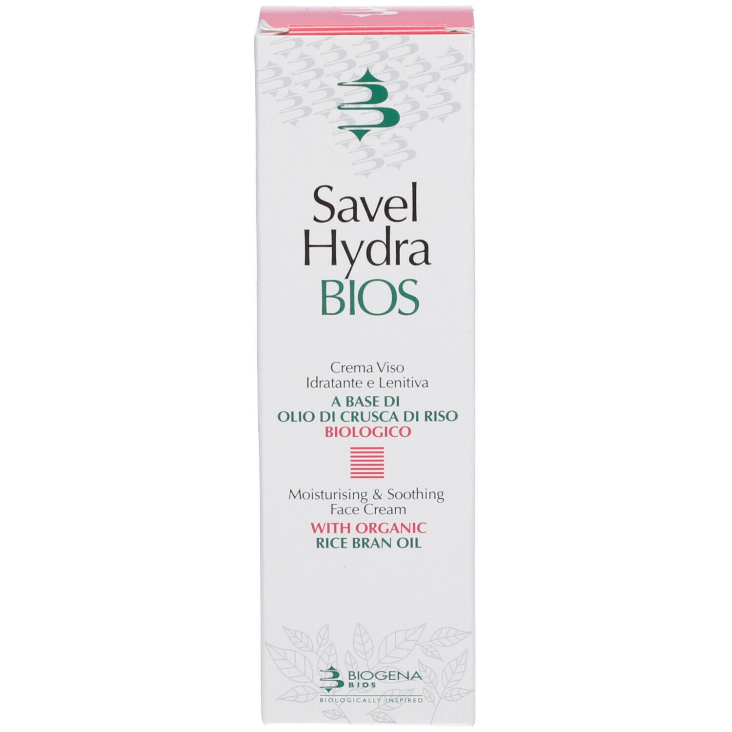 Confezione con scritta Savel Hydra BIOS. Creme Viso, Idratante e Lenitiva. Con olio di crusca di riso bio. Biogena.