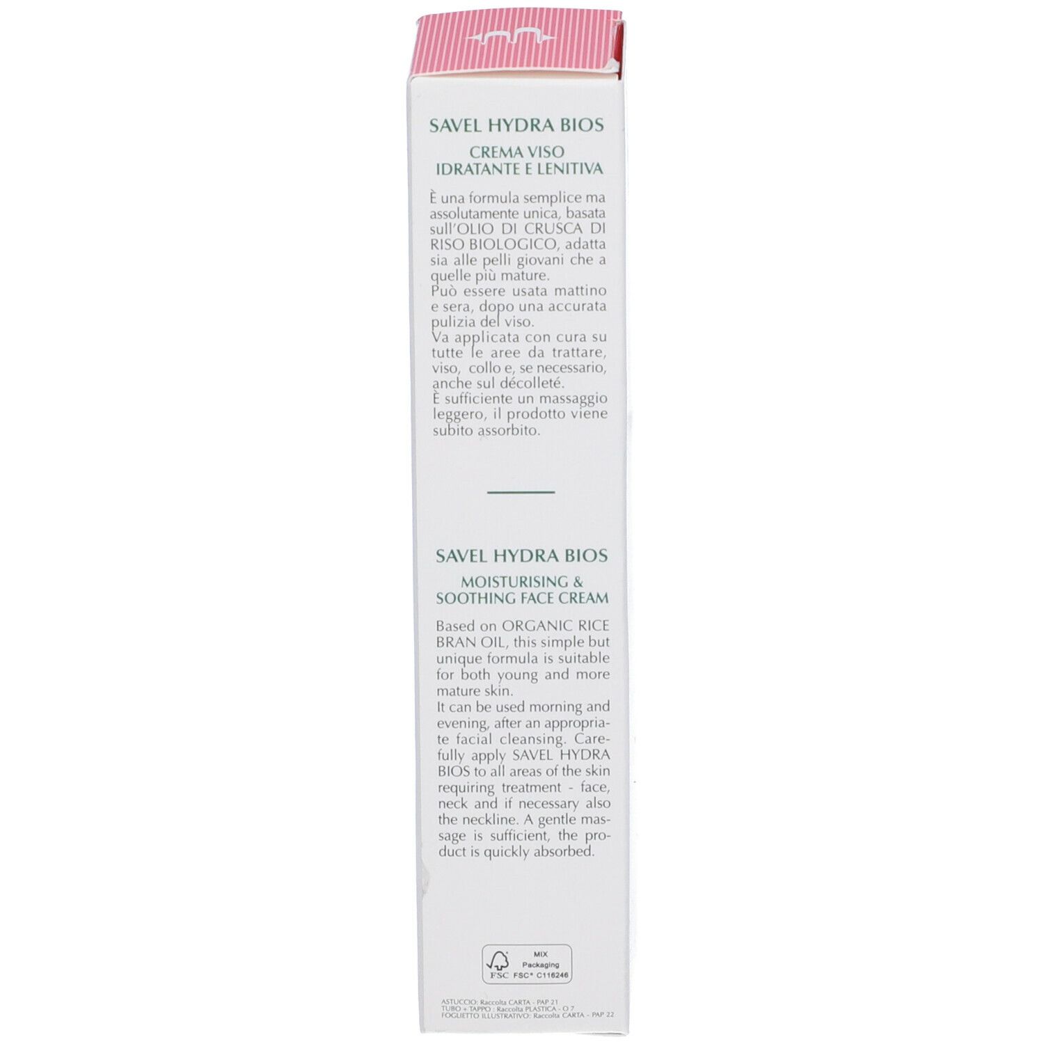 Retro della confezione. Testo sulla crema e il suo utilizzo. Savel Hydra BIOS. Biogena.