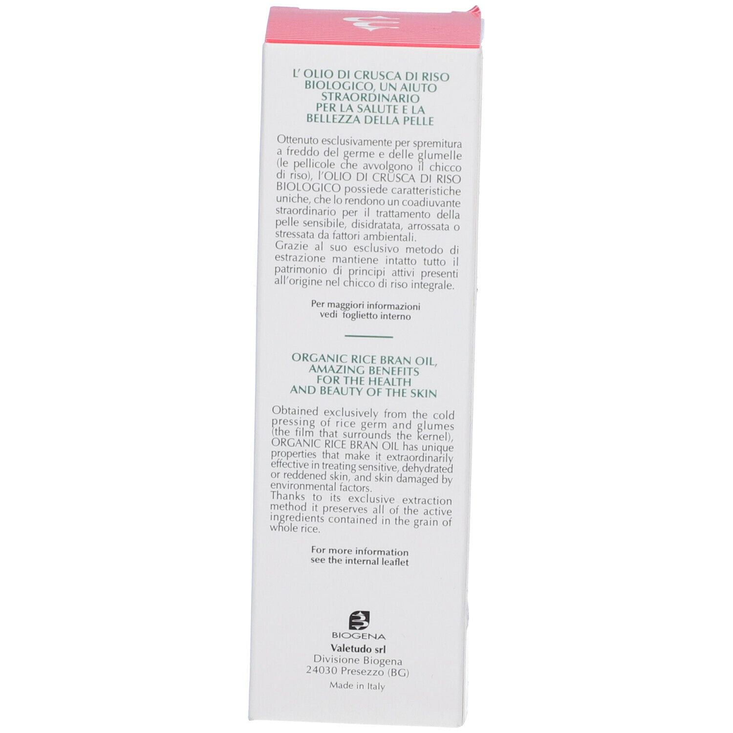 Lato della confezione. Testo sull'olio di crusca di riso bio. Savel Hydra BIOS. Biogena. Prodotto in Italia.