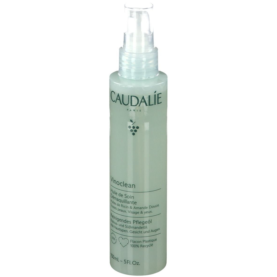 Flacone verde Caudalie Vinoclean con erogatore. Testo: Olio Detergente.
