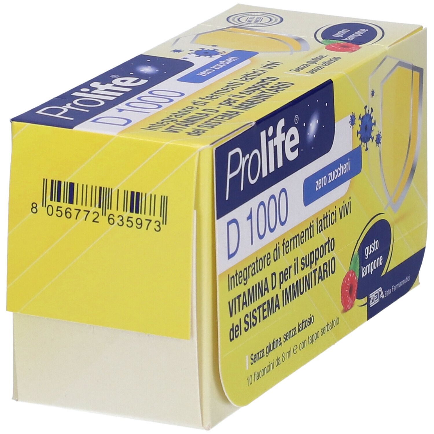 Gelbe Verpackung Prolife D 1000. Barcode und Aufschrift: Integratore di fermenti lattici vivi, gusto lampone.