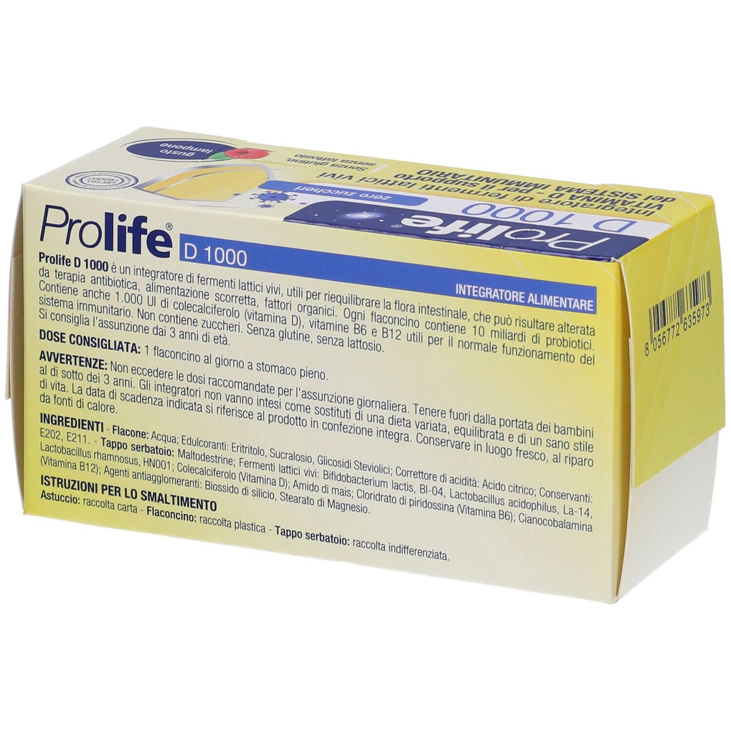 Gelbe Verpackung Prolife D 1000. Text: Integratore alimentare. Inhaltsstoffe und Dosierungshinweise.