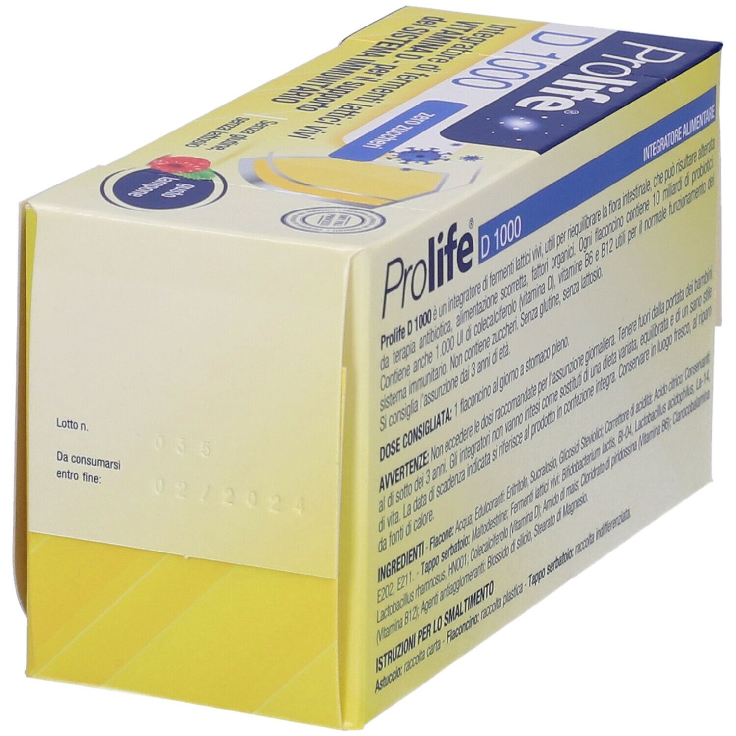 Gelbe Verpackung Prolife D 1000. Text: Integratore alimentare. Mindesthaltbarkeitsdatum.