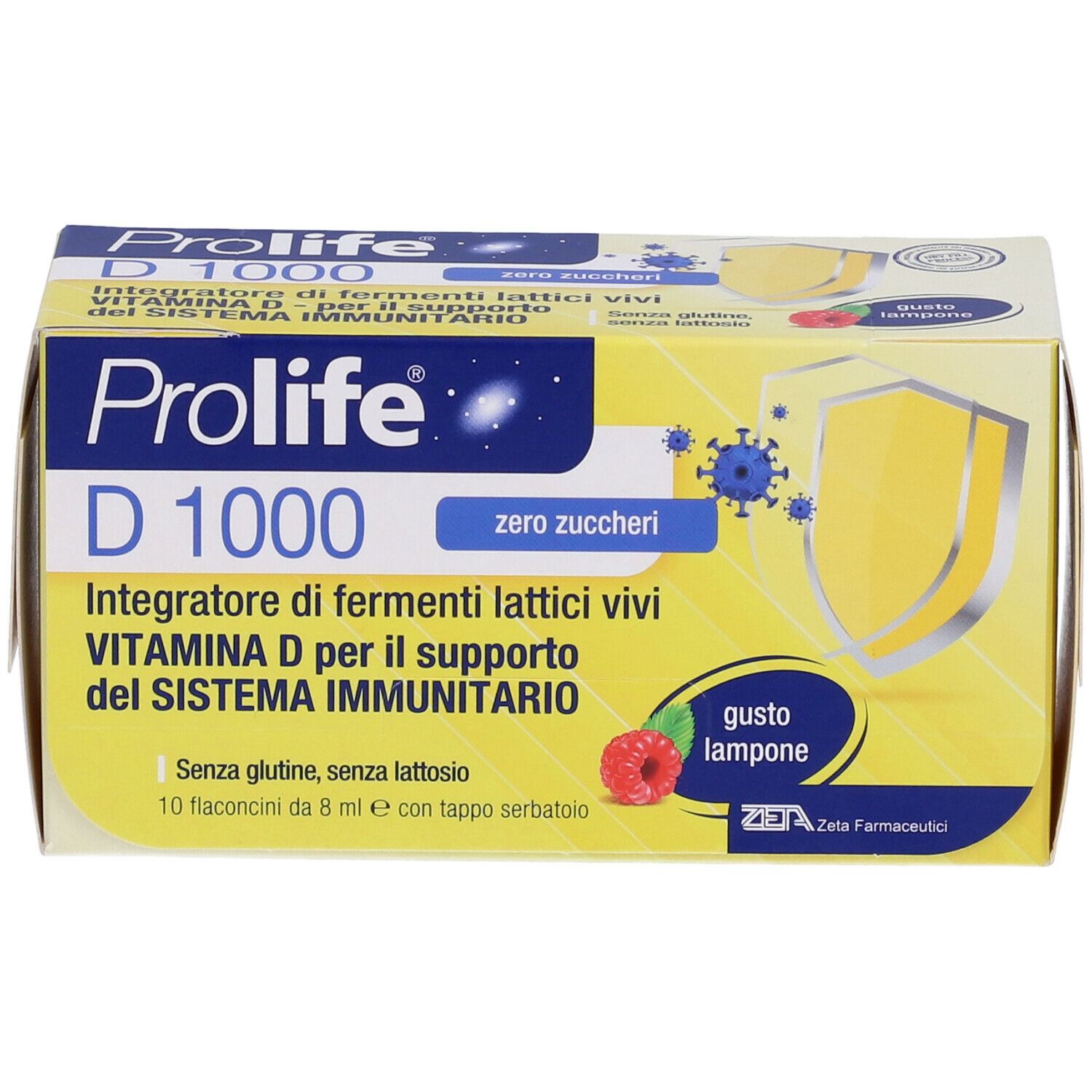 Gelbe Verpackung Prolife D 1000. Aufdruck: Integratore di fermenti lattici vivi, gusto lampone.