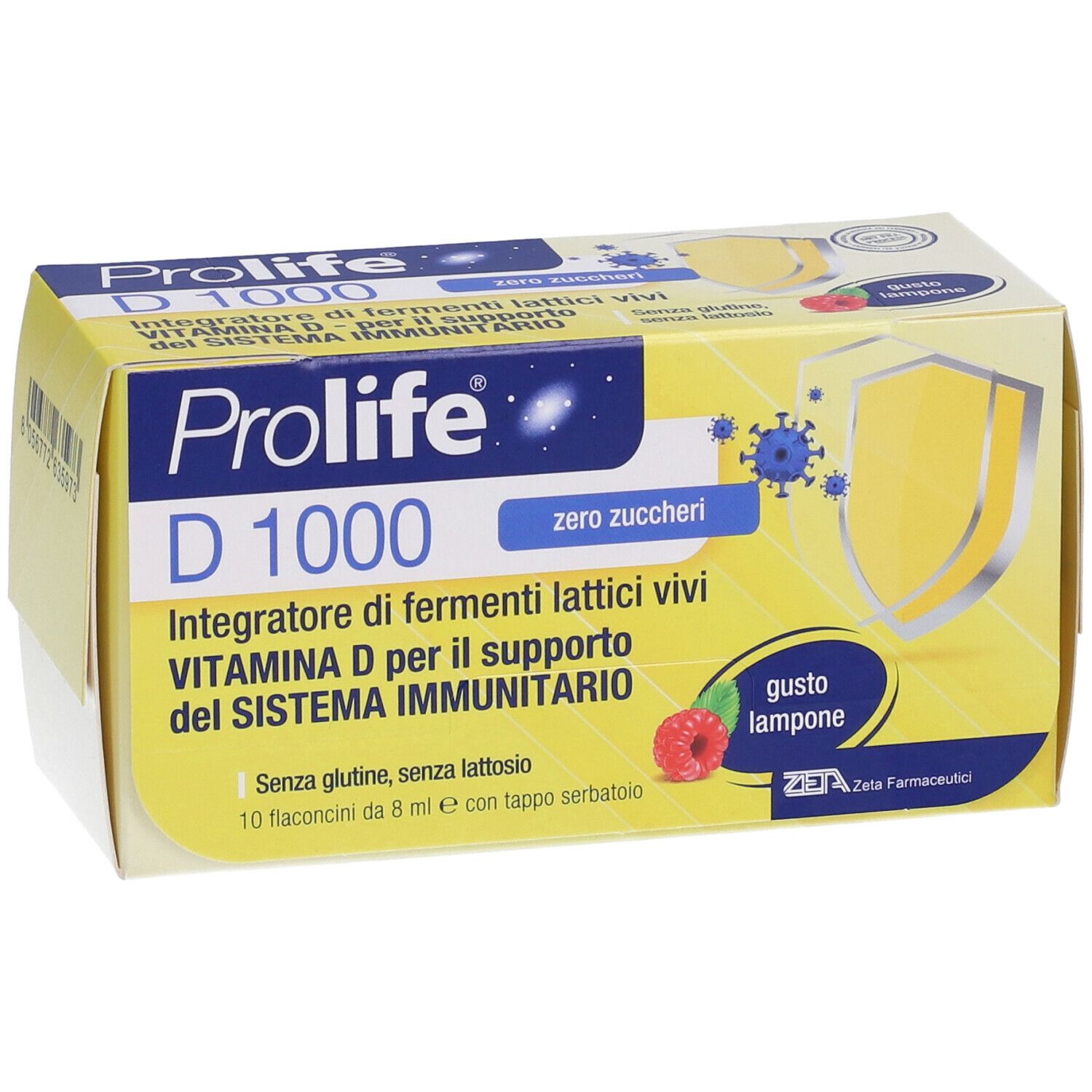 Gelbe Verpackung Prolife D 1000. Aufdruck: Integratore di fermenti lattici vivi, gusto lampone.