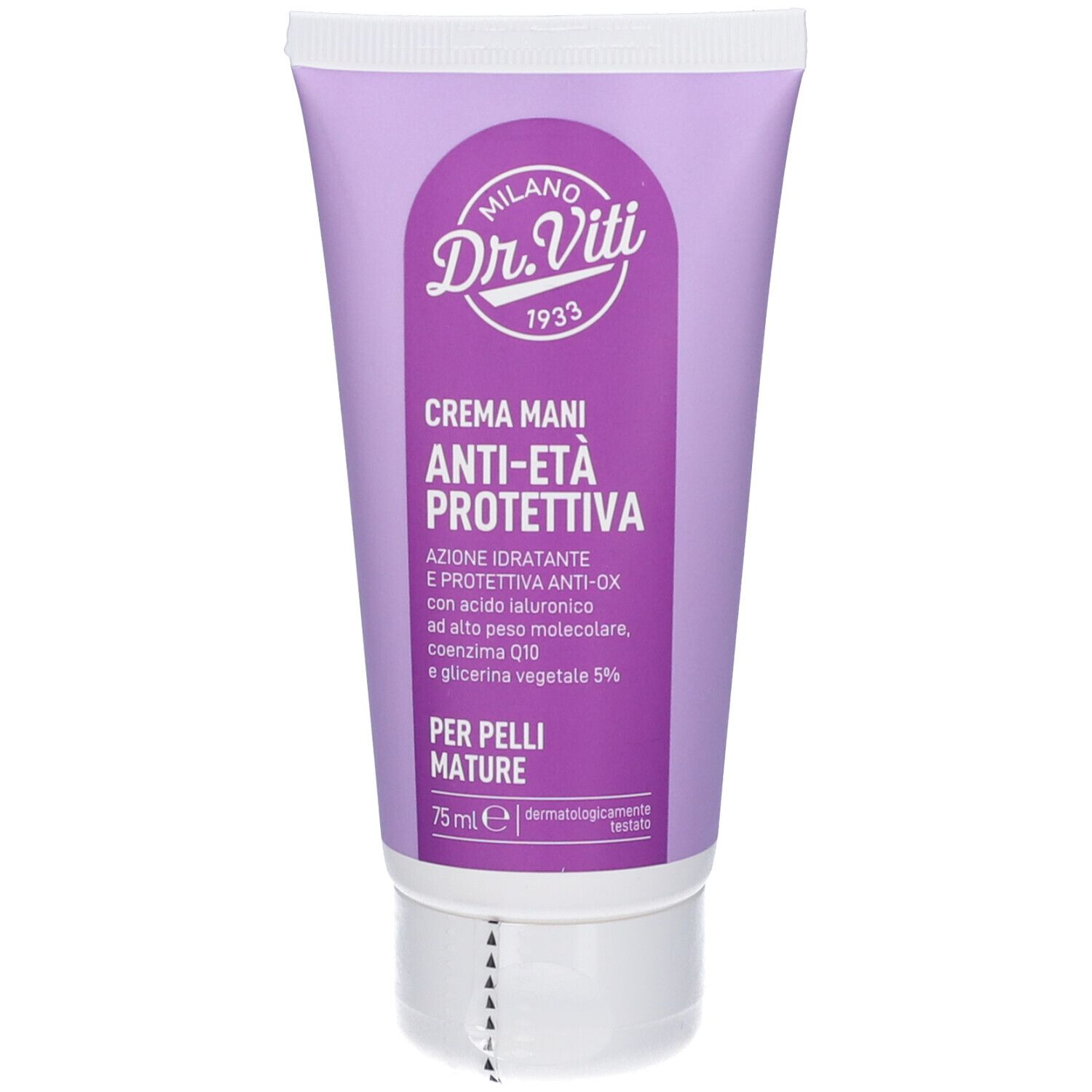 Lila Tube mit weißem Deckel. Aufschrift: Dr. Viti, Creme Mani Anti-Età Protettiva. Text: Per pelli mature. Dermatologisch getestet.