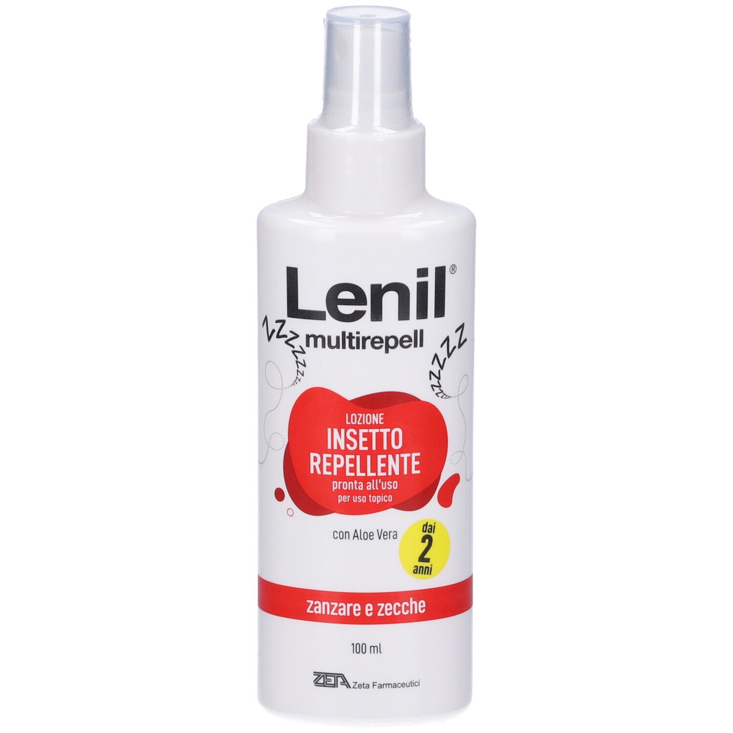 Flacone spray bianco con etichetta rossa. Scritta: Lenil Multirepell, Insetto Repellente. Con Aloe Vera. Per bambini dai 2 anni.