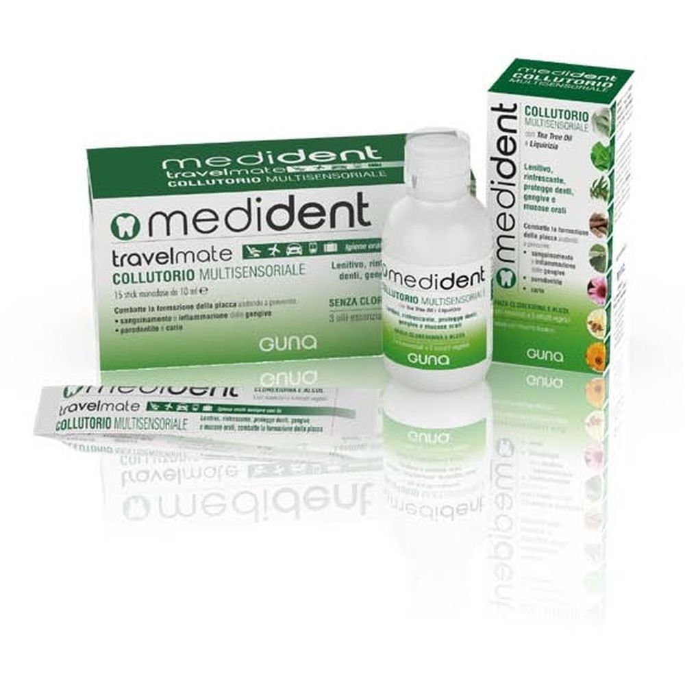 Medident Mundspülung Travelmate Multisensorial: Karton, Flasche und 15 Einzelportionen.
