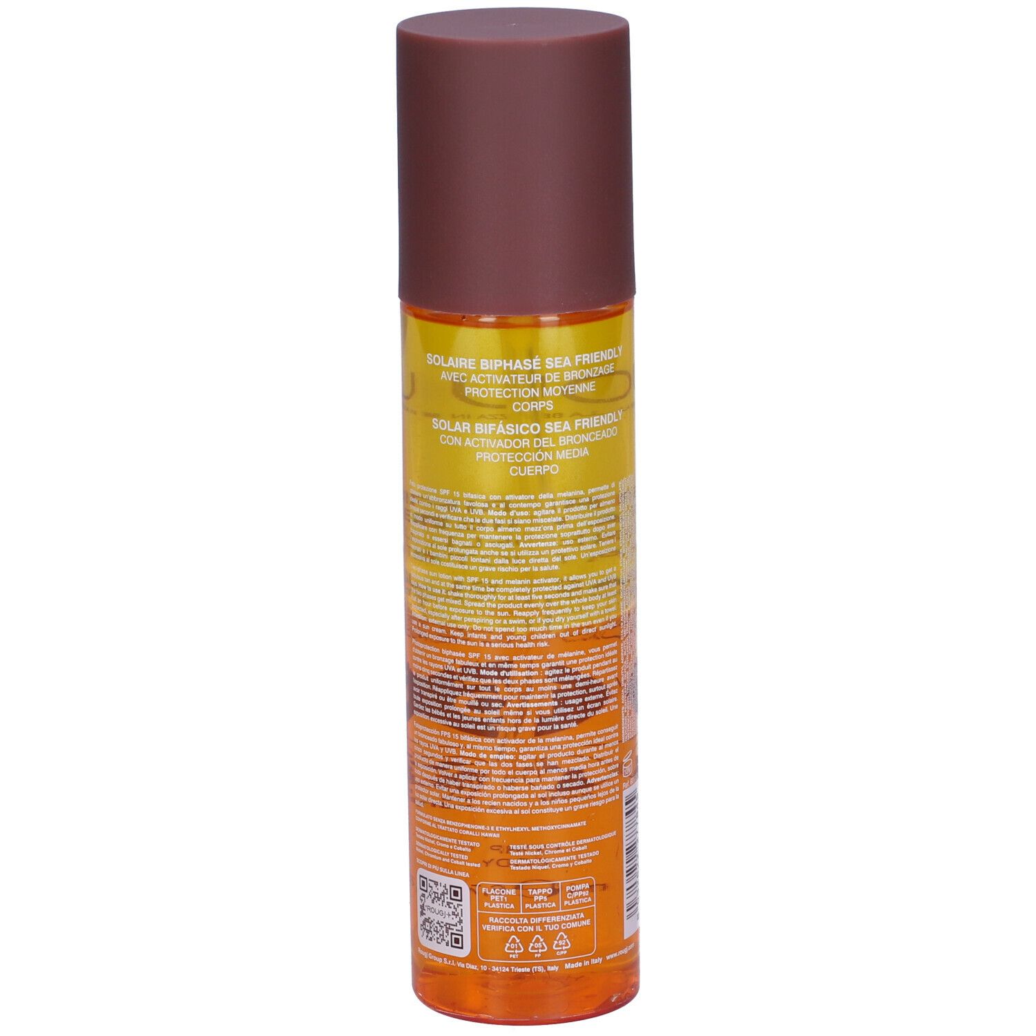 Dos du flacon de lotion solaire. Informations textuelles. Bouchon marron. Récipient orange.