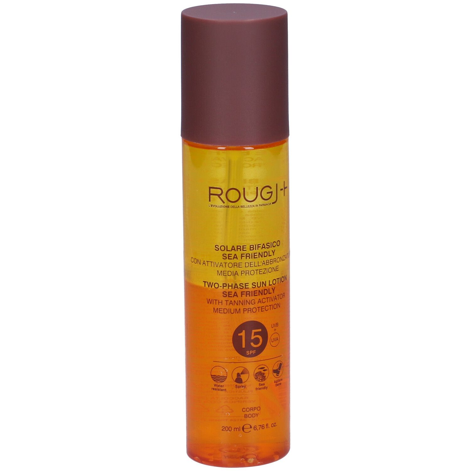 Lotion solaire biphasée. Flacon avec bouchon marron. SPF 15. Marque ROUGJ+.