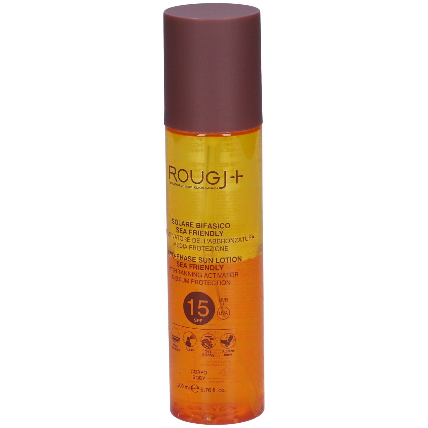 Lotion solaire biphasée. Flacon avec bouchon marron. SPF 15. Marque ROUGJ+.