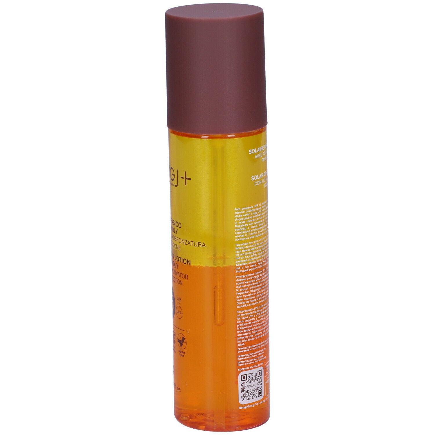 Dos du flacon de lotion solaire. Informations textuelles. Bouchon marron. Récipient orange.