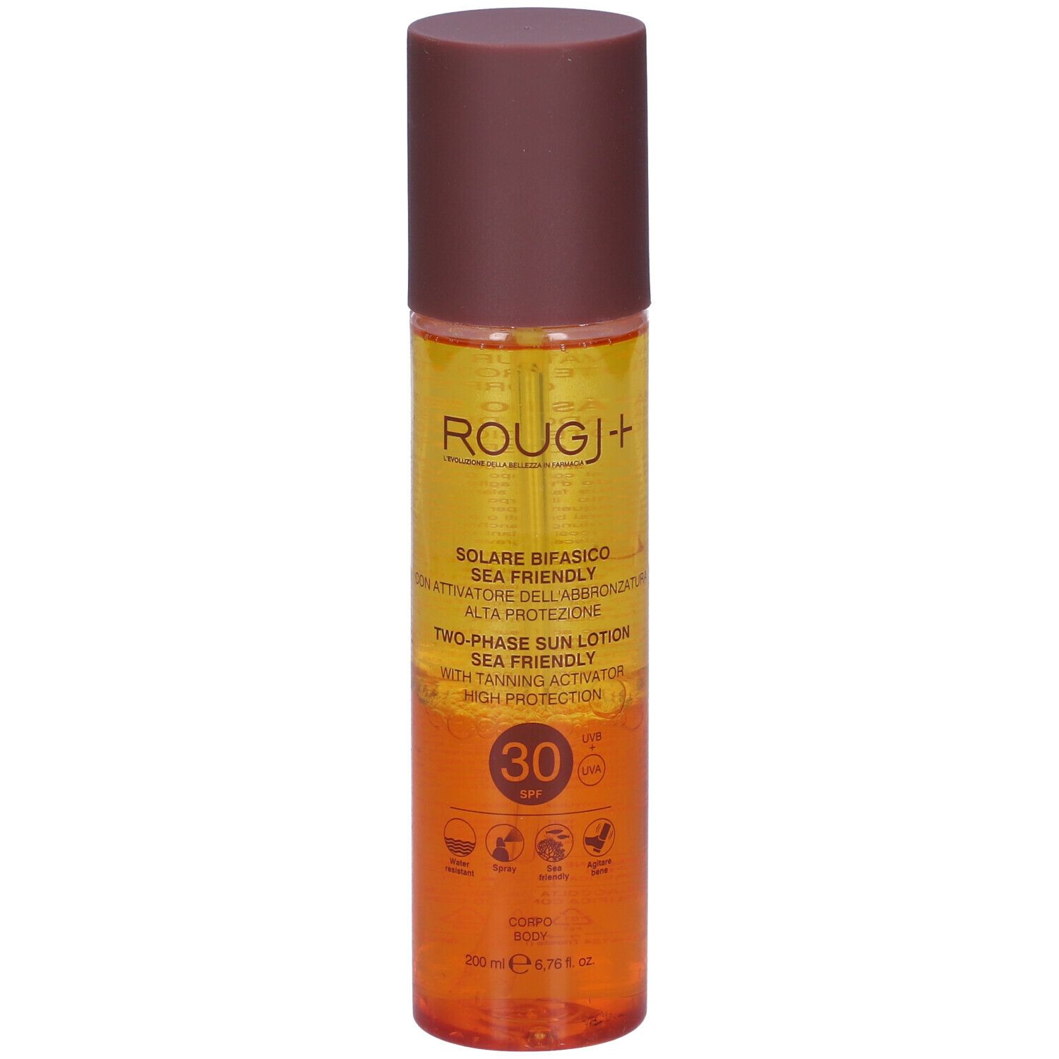 ROUGJ+ protezione solare bifasica. Flacone con tappo marrone. Testo: Solare Bifasico, Two-Phase Sun Lotion, SPF 30, Sea Friendly.
