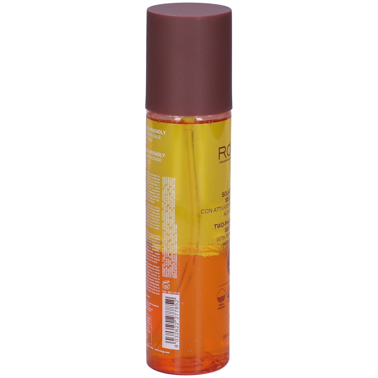 ROUGJ+ protezione solare bifasica. Flacone con tappo marrone. Testo: Solare Bifasico, Two-Phase Sun Lotion, SPF 30, Sea Friendly.