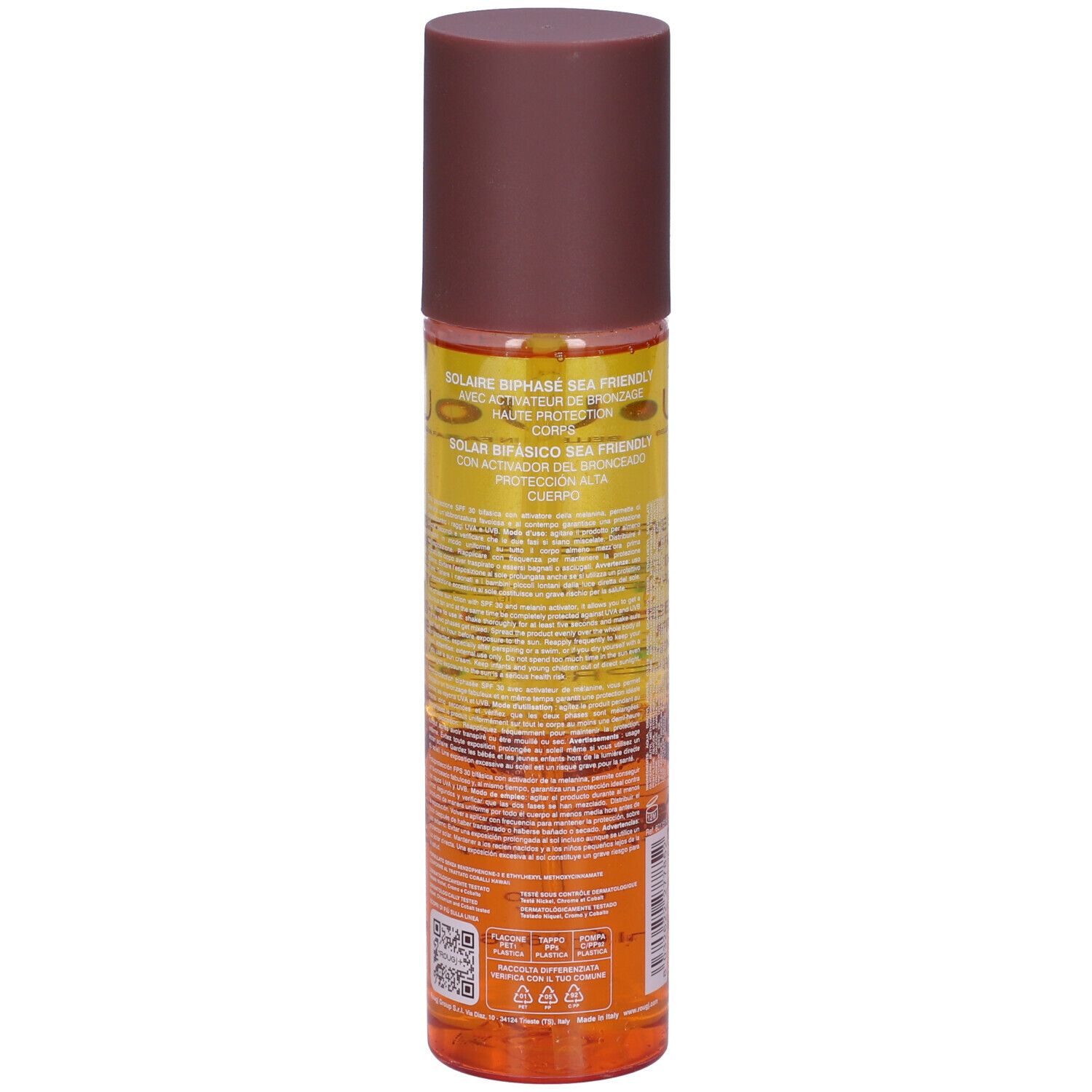 ROUGJ+ protezione solare bifasica. Flacone con tappo marrone. Testo: Solare Bifasico, Two-Phase Sun Lotion, SPF 30, Sea Friendly.