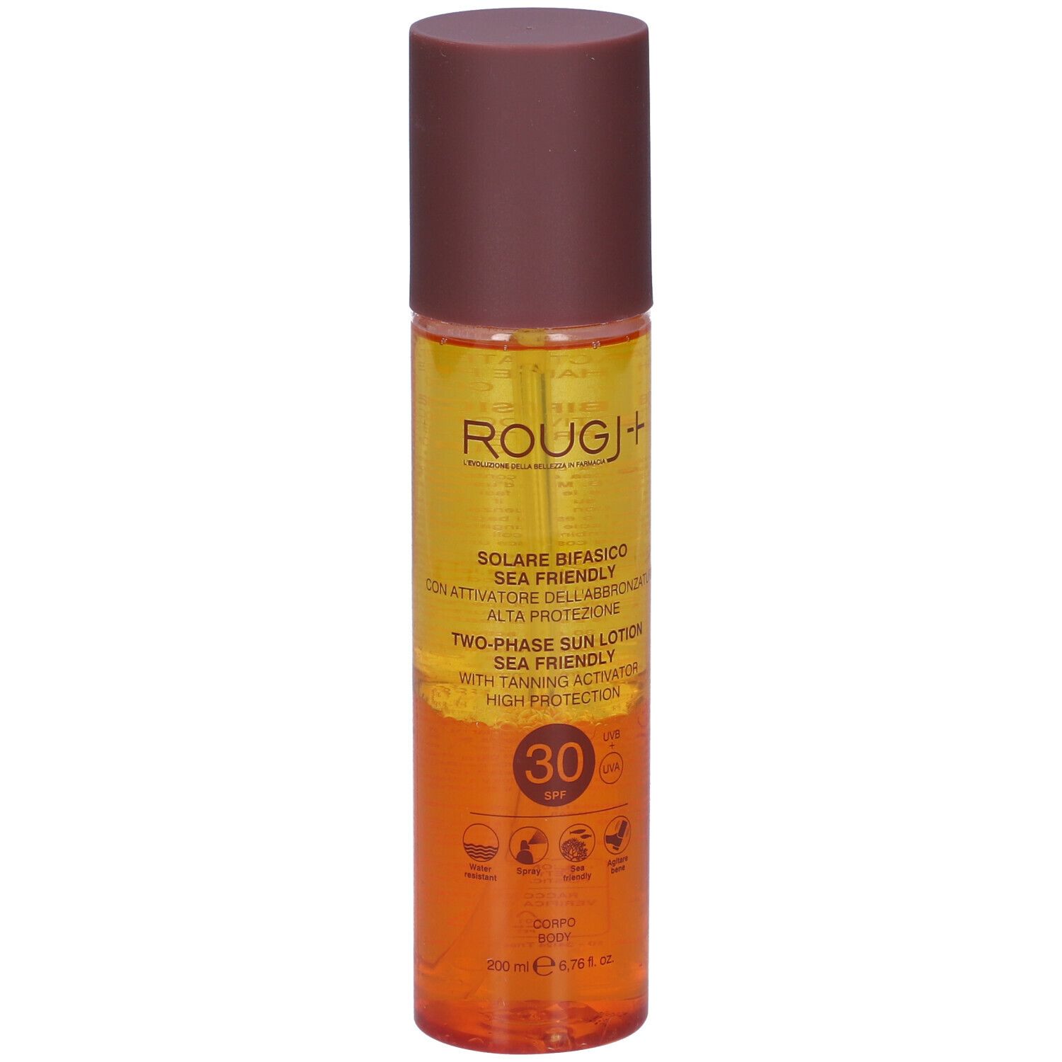 ROUGJ+ protezione solare bifasica. Flacone con tappo marrone. Testo: Solare Bifasico, Two-Phase Sun Lotion, SPF 30, Sea Friendly.