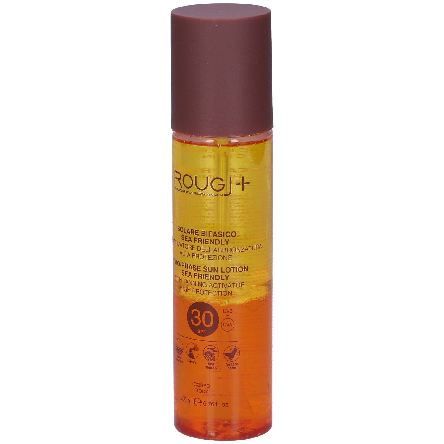 ROUGJ+ protezione solare bifasica. Flacone con tappo marrone. Testo: Solare Bifasico, Two-Phase Sun Lotion, SPF 30, Sea Friendly.