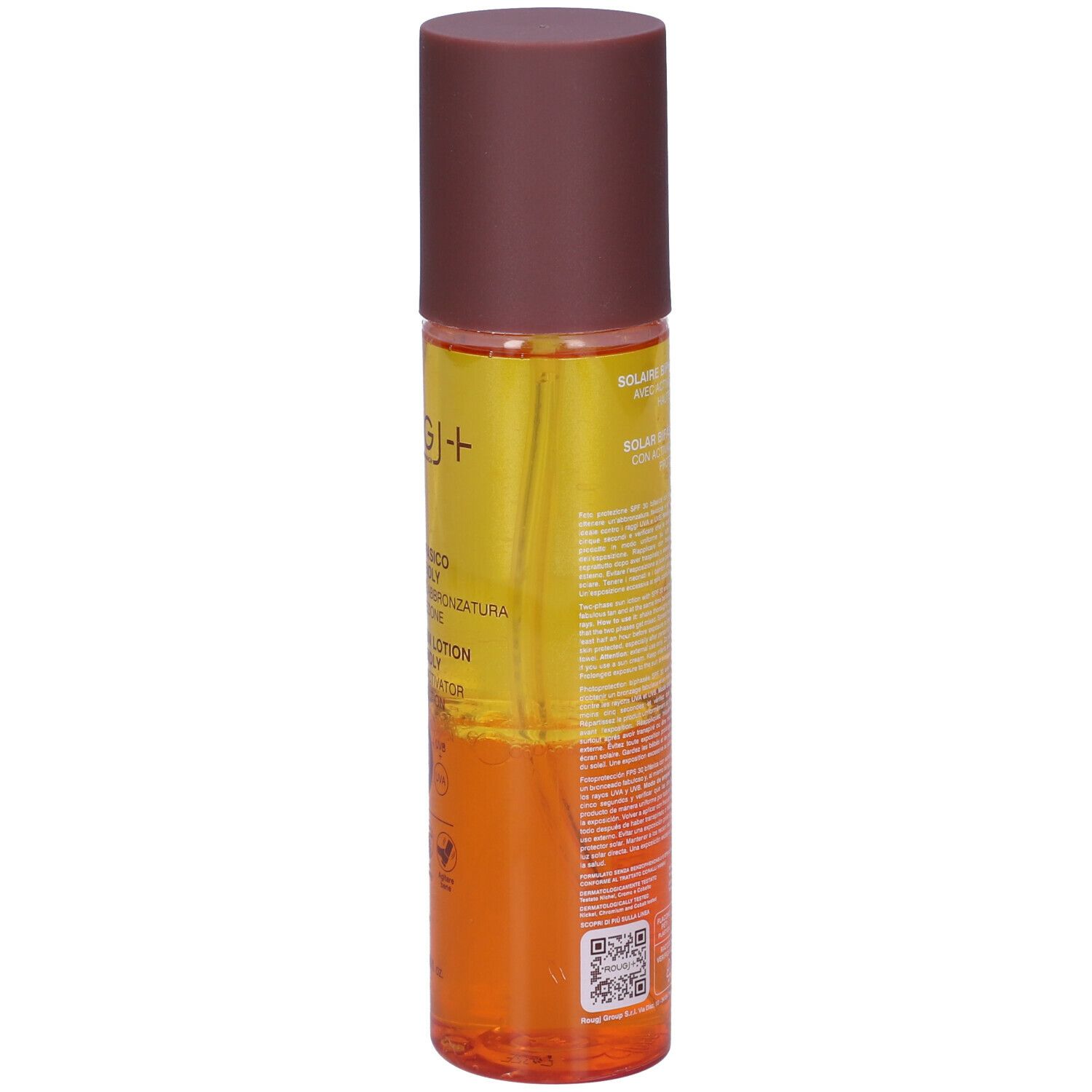 ROUGJ+ protezione solare bifasica. Flacone con tappo marrone. Testo: Solare Bifasico, Two-Phase Sun Lotion, SPF 30, Sea Friendly.