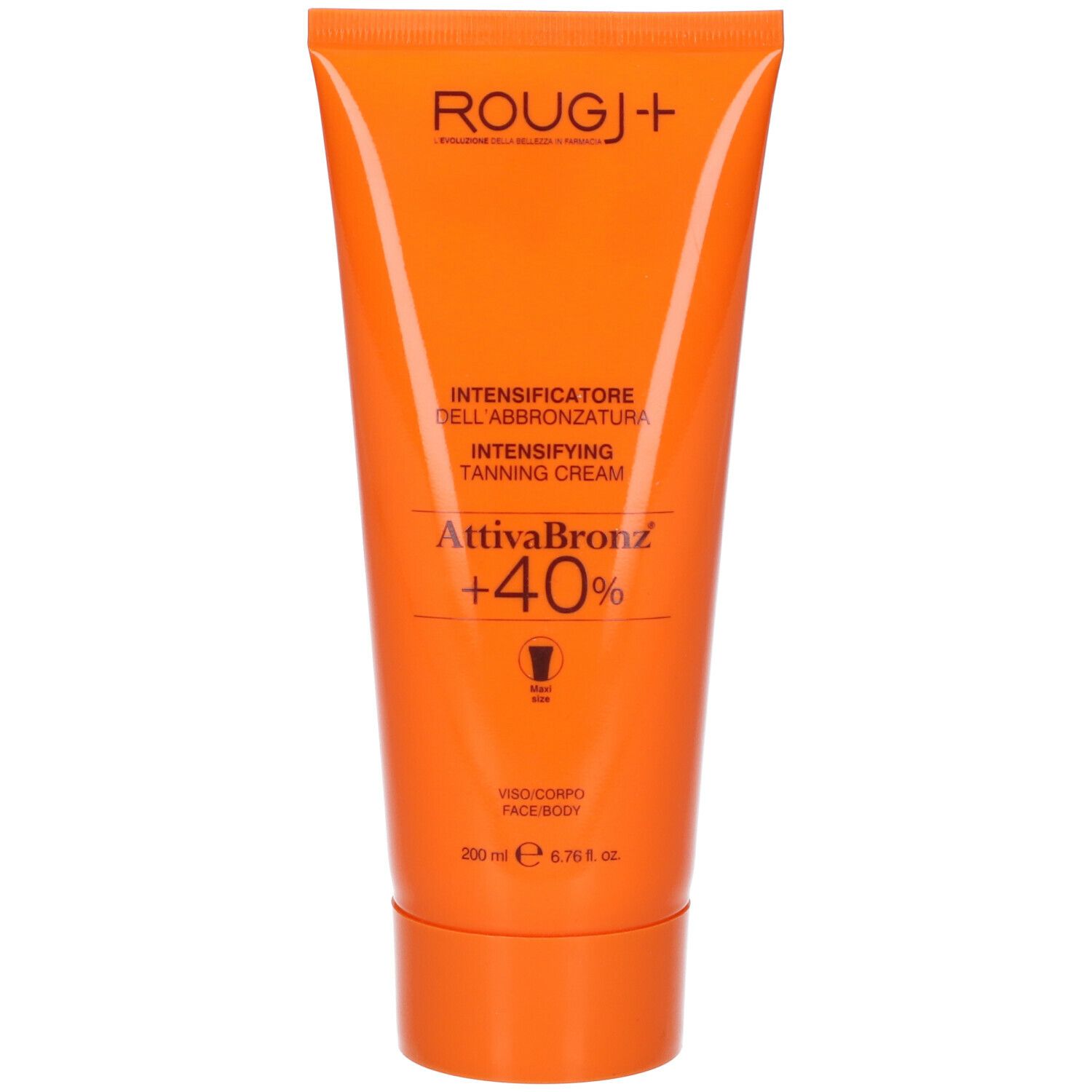 ROUGJ AttivaBronz +40. Tubo arancione. Testo: Intensificatore dell'abbronzatura, crema abbronzante. 200 ml.