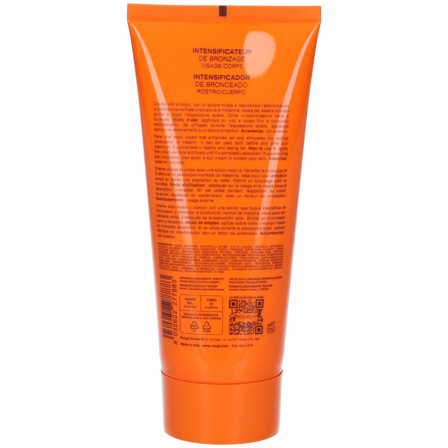 Retro del tubo ROUGJ AttivaBronz +40. Testo e simboli. Sfondo arancione.