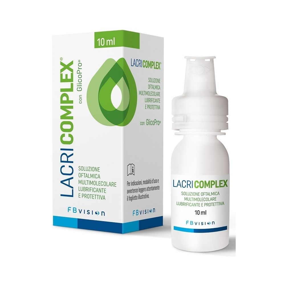 Flacone e scatola di collirio. Scritto: LACRI COMPLEX, 10 ml. Con GlicoPro. FBvision.