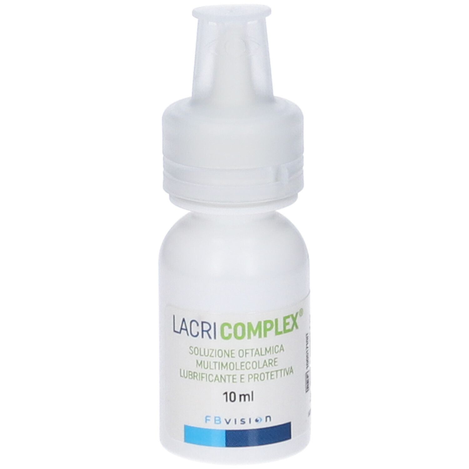 Flacone bianco di collirio. Scritto: LACRI COMPLEX, 10 ml. FBvision. Applicatore.