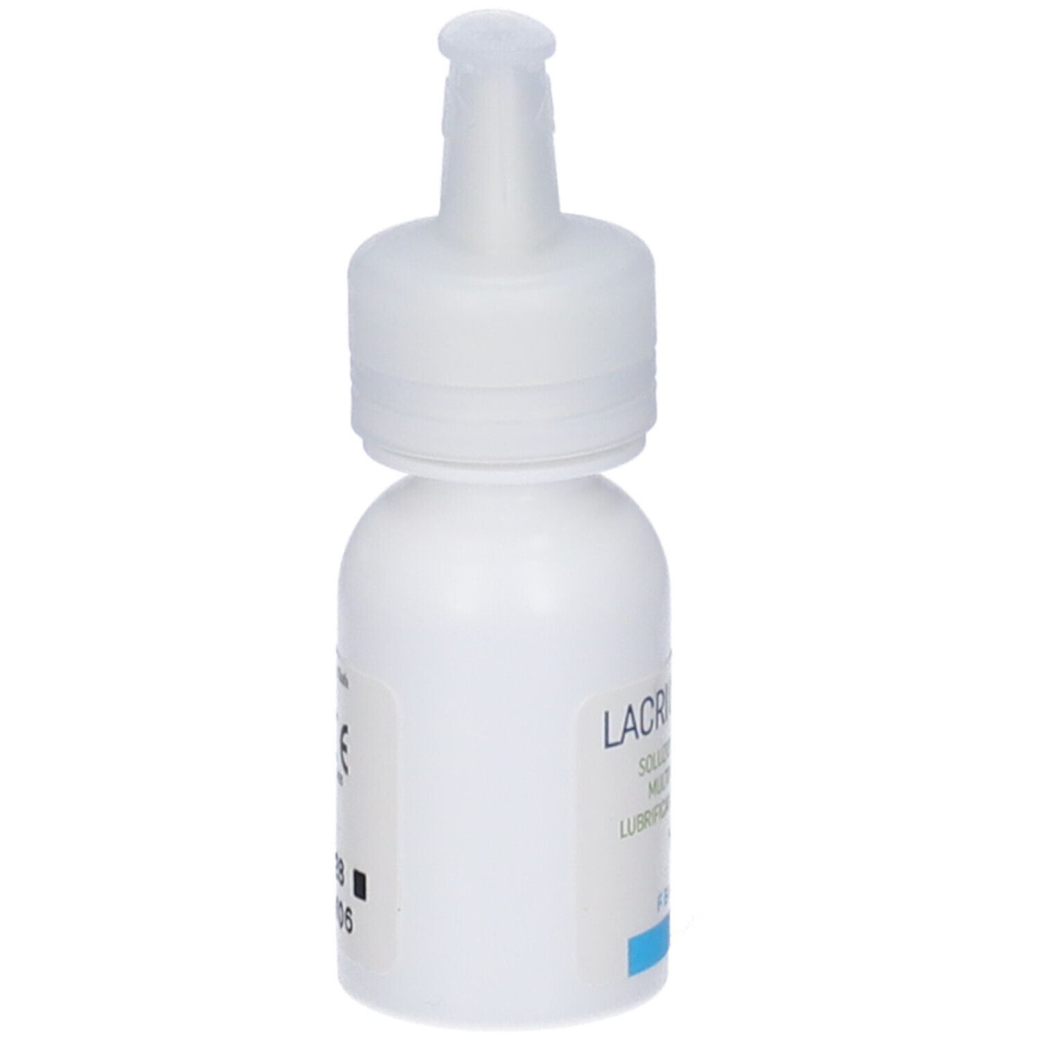 Flacone bianco di collirio. Scritto: LACRI COMPLEX. FBvision. Applicatore.