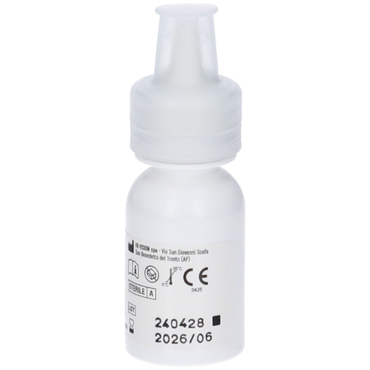 Flacone bianco di collirio. Scritto: LACRI COMPLEX. FBvision. Marchio CE. Sterile A.