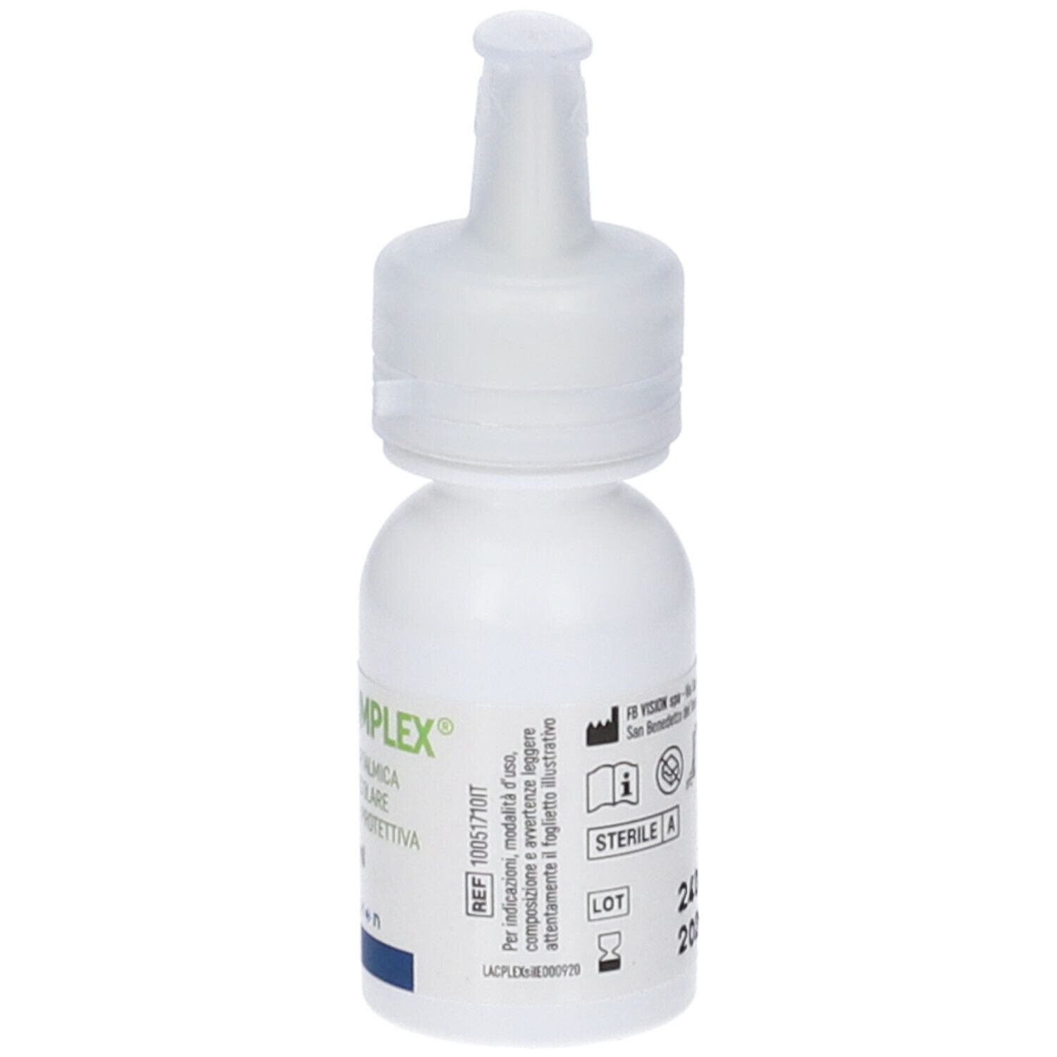 Flacone bianco di collirio. Scritto: LACRI COMPLEX. FBvision. Sterile A. REF 100517101.