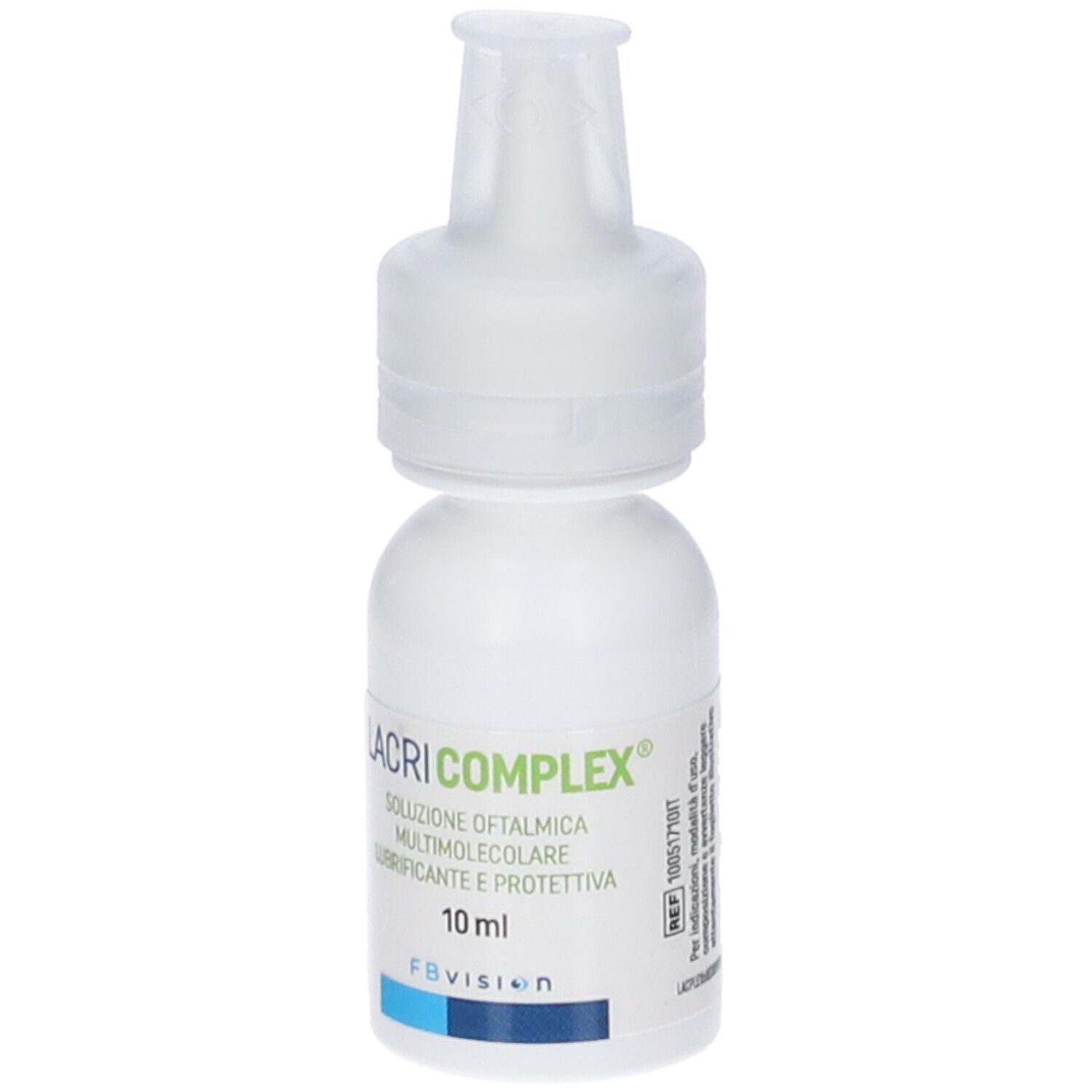 Flacone bianco di collirio. Scritto: LACRI COMPLEX, 10 ml. FBvision. Applicatore.