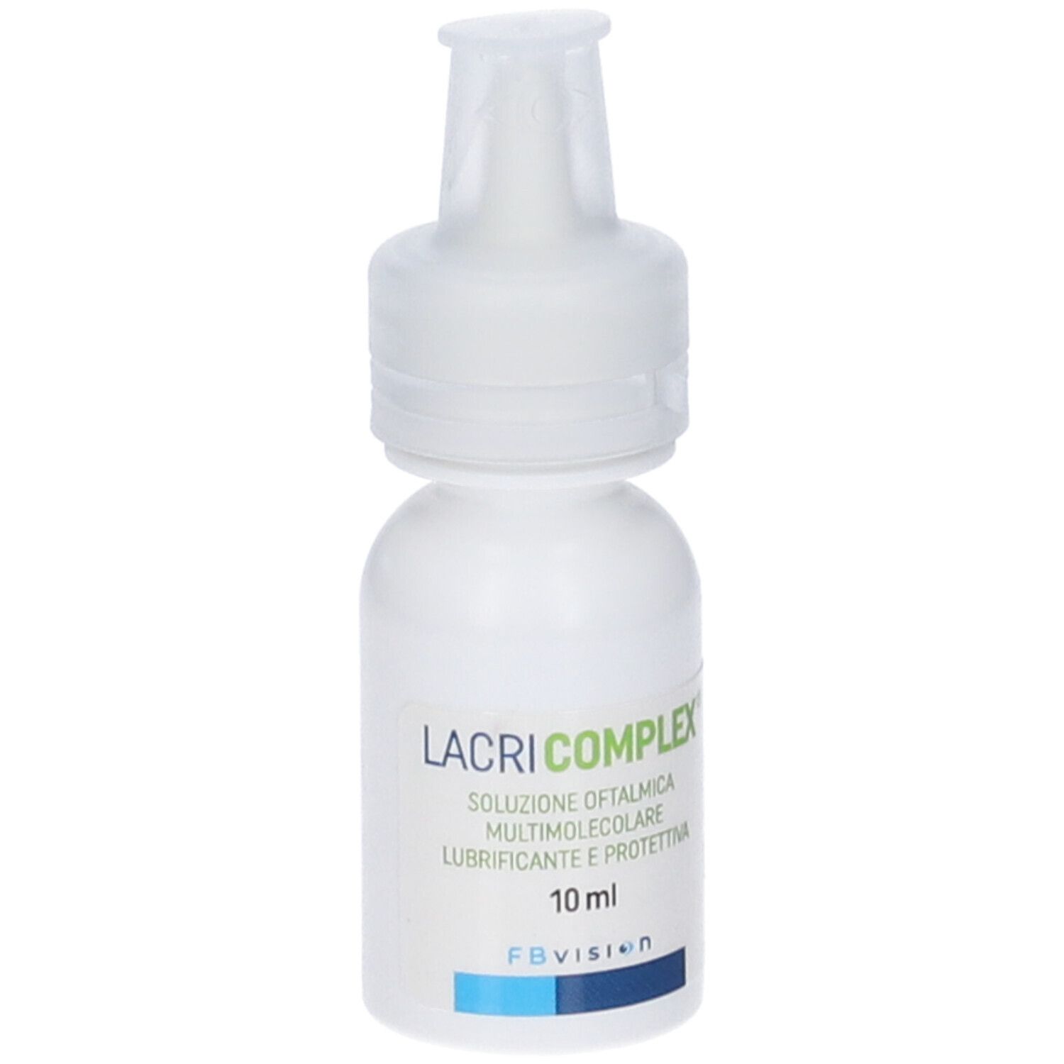 Flacone bianco di collirio. Scritto: LACRI COMPLEX, 10 ml. FBvision. Applicatore.