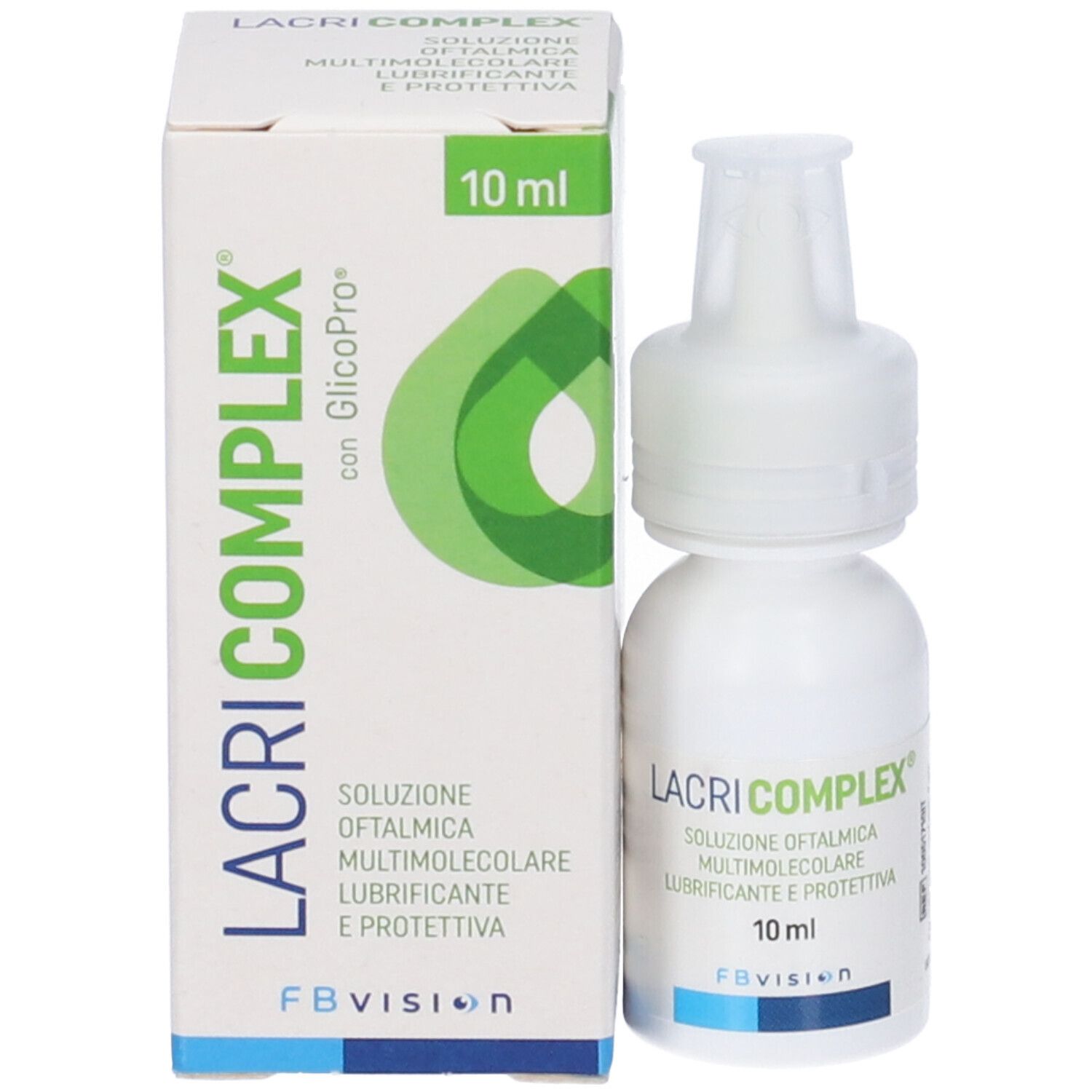 Flacone e scatola di collirio. Scritto: LACRI COMPLEX, 10 ml. Con GlicoPro. FBvision.