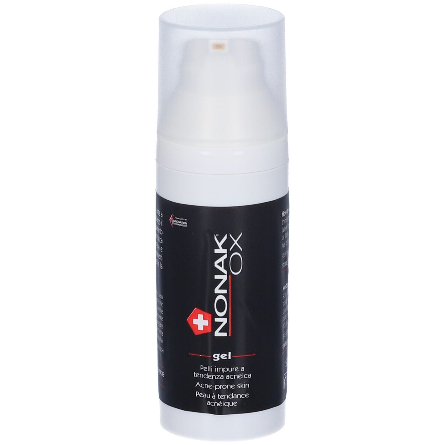 Weiße Flasche mit schwarzem Etikett. Aufschrift: NONAK OX gel. Mit Dosierpumpe und Schweizer Kreuz.