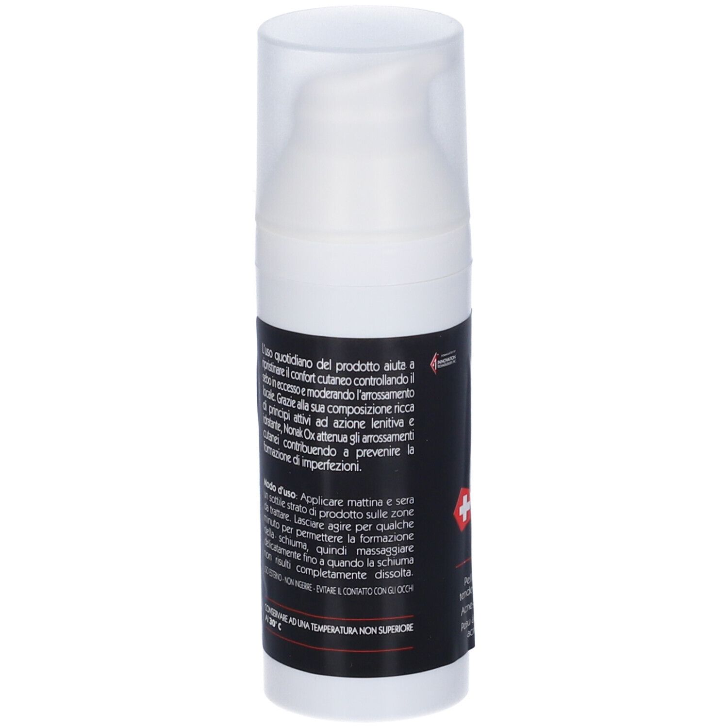 Weiße Flasche mit schwarzem Etikett. Text in italienischer Sprache. Mit Dosierpumpe und Schweizer Kreuz.