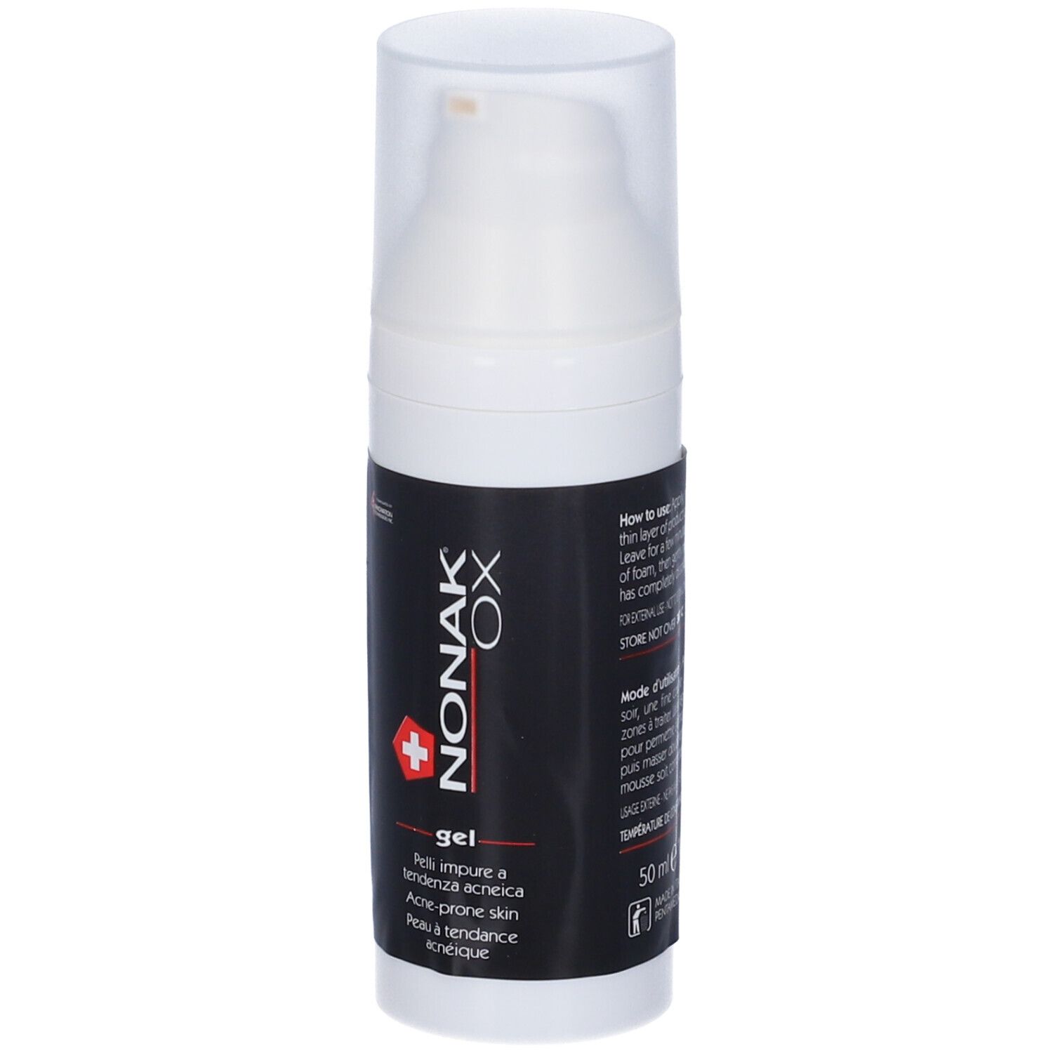 Weiße Flasche mit schwarzem Etikett. Aufschrift: NONAK OX gel. Mit Dosierpumpe und Schweizer Kreuz.