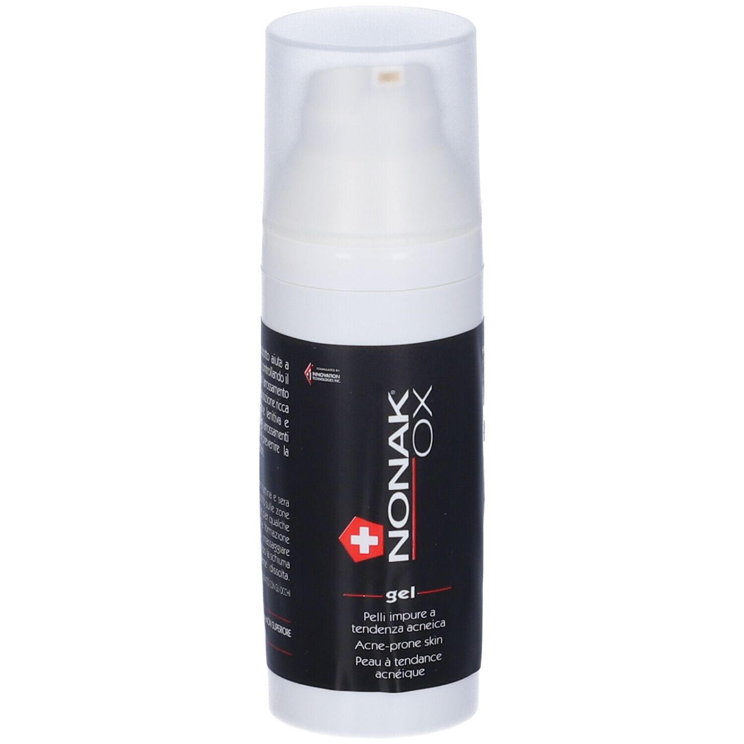 Weiße Flasche mit schwarzem Etikett. Aufschrift: NONAK OX gel. Mit Dosierpumpe und Schweizer Kreuz.