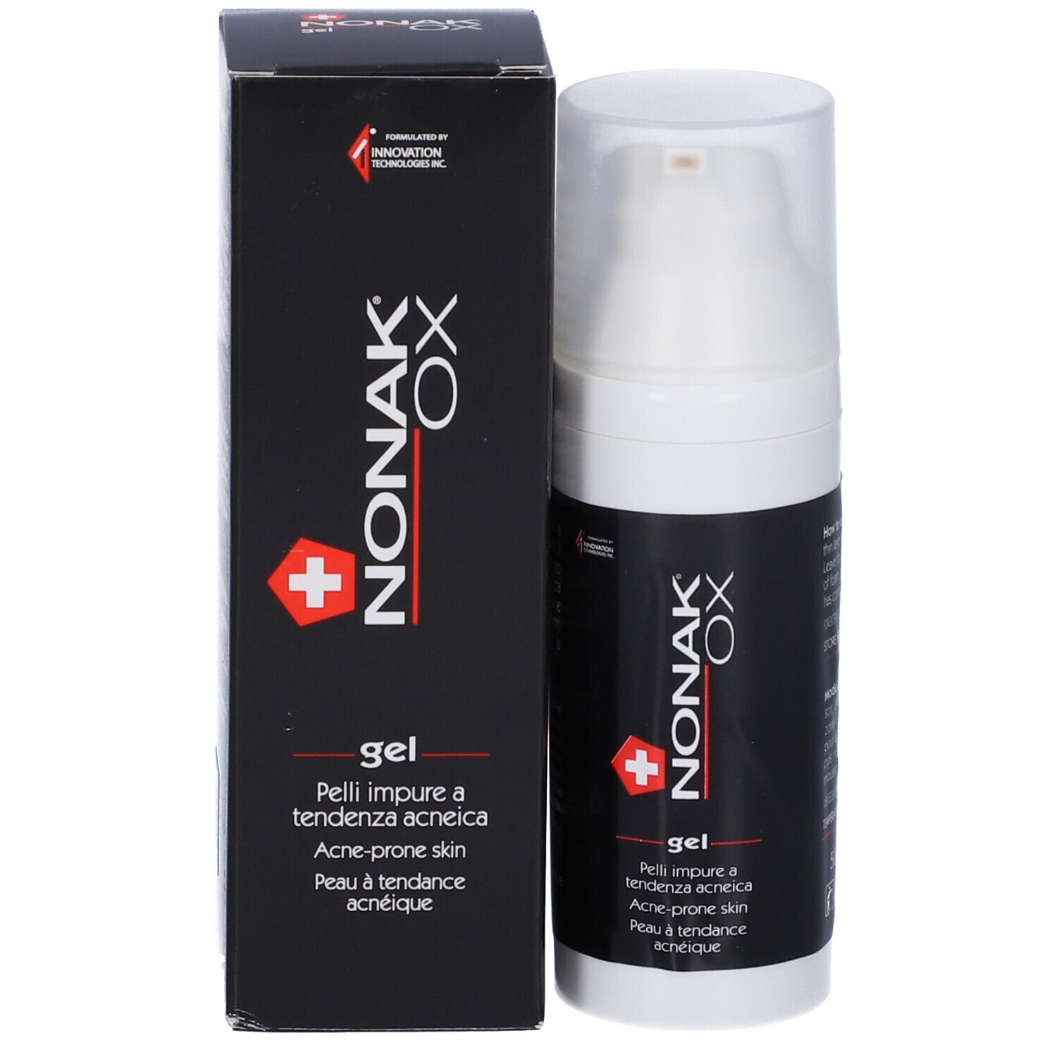 Produktverpackung mit Flasche und Karton. Aufschrift: NONAK OX gel. Mit Schweizer Kreuz.