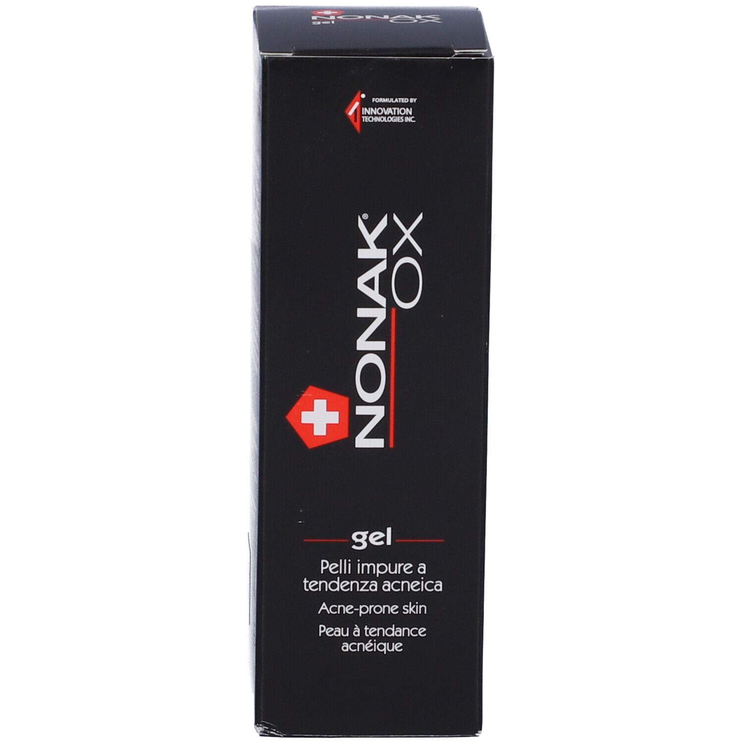 Schwarzer Karton mit Aufschrift: NONAK OX gel. Mit Schweizer Kreuz.