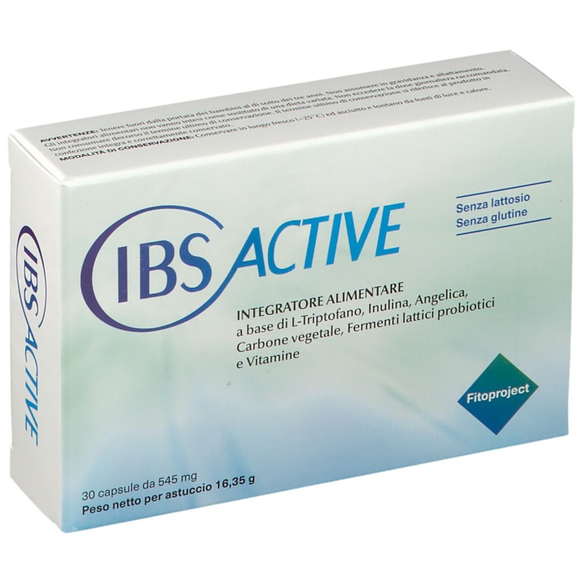 Scatola bianca con scritta blu IBS ACTIVE. Contiene 30 capsule. Senza lattosio e senza glutine. Marchio: Fitoproject.