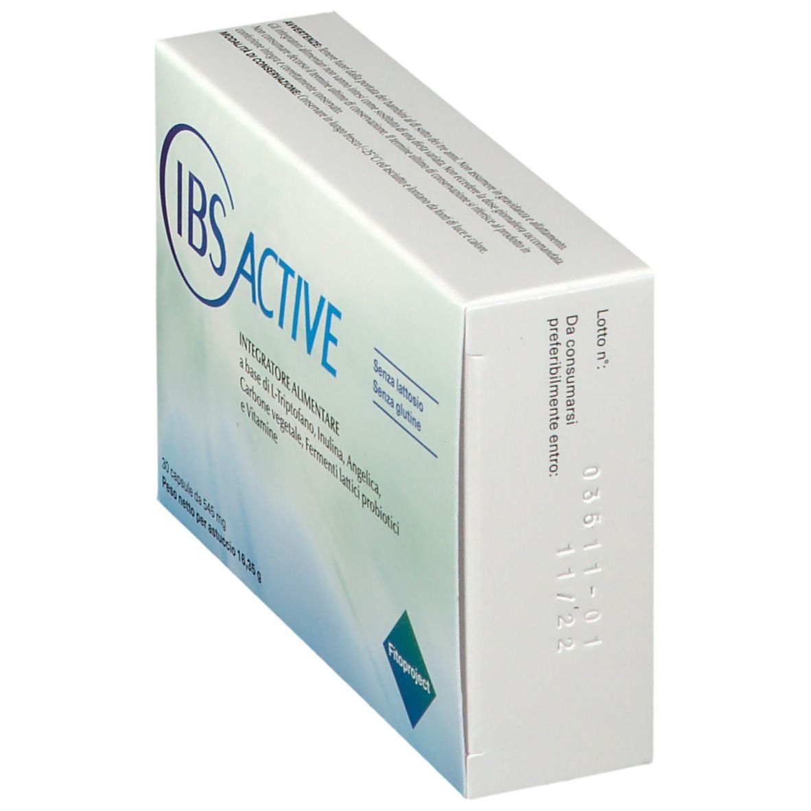 Scatola IBS ACTIVE vista obliquamente. Contiene 30 capsule. Senza lattosio e senza glutine. Scadenza: 11/22.
