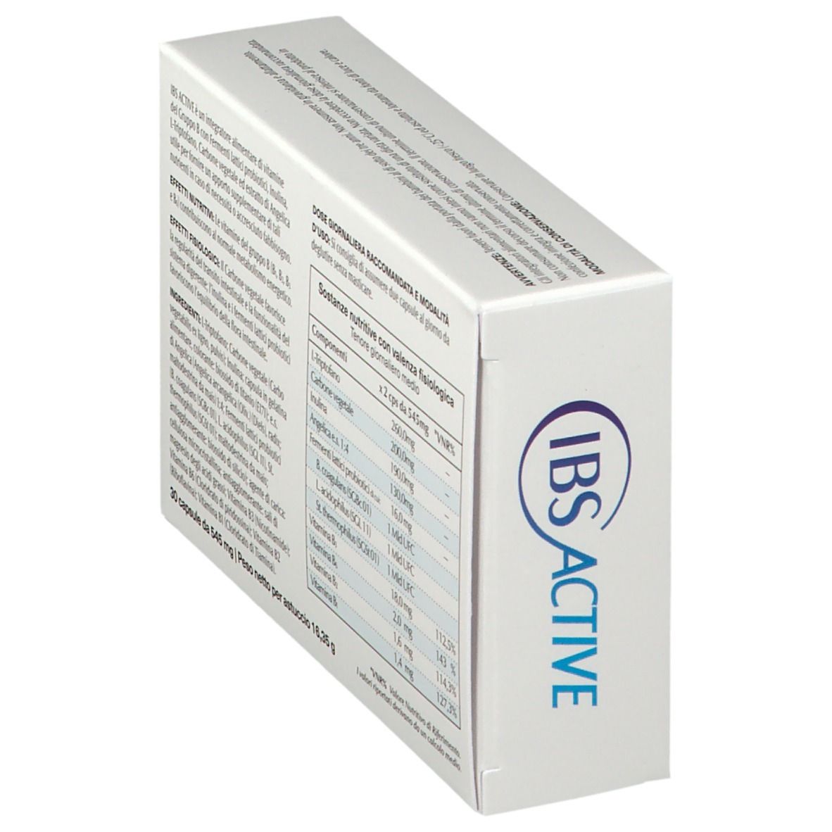 Scatola IBS ACTIVE vista obliquamente. Contiene informazioni nutrizionali. 30 capsule. Marchio: Fitoproject.