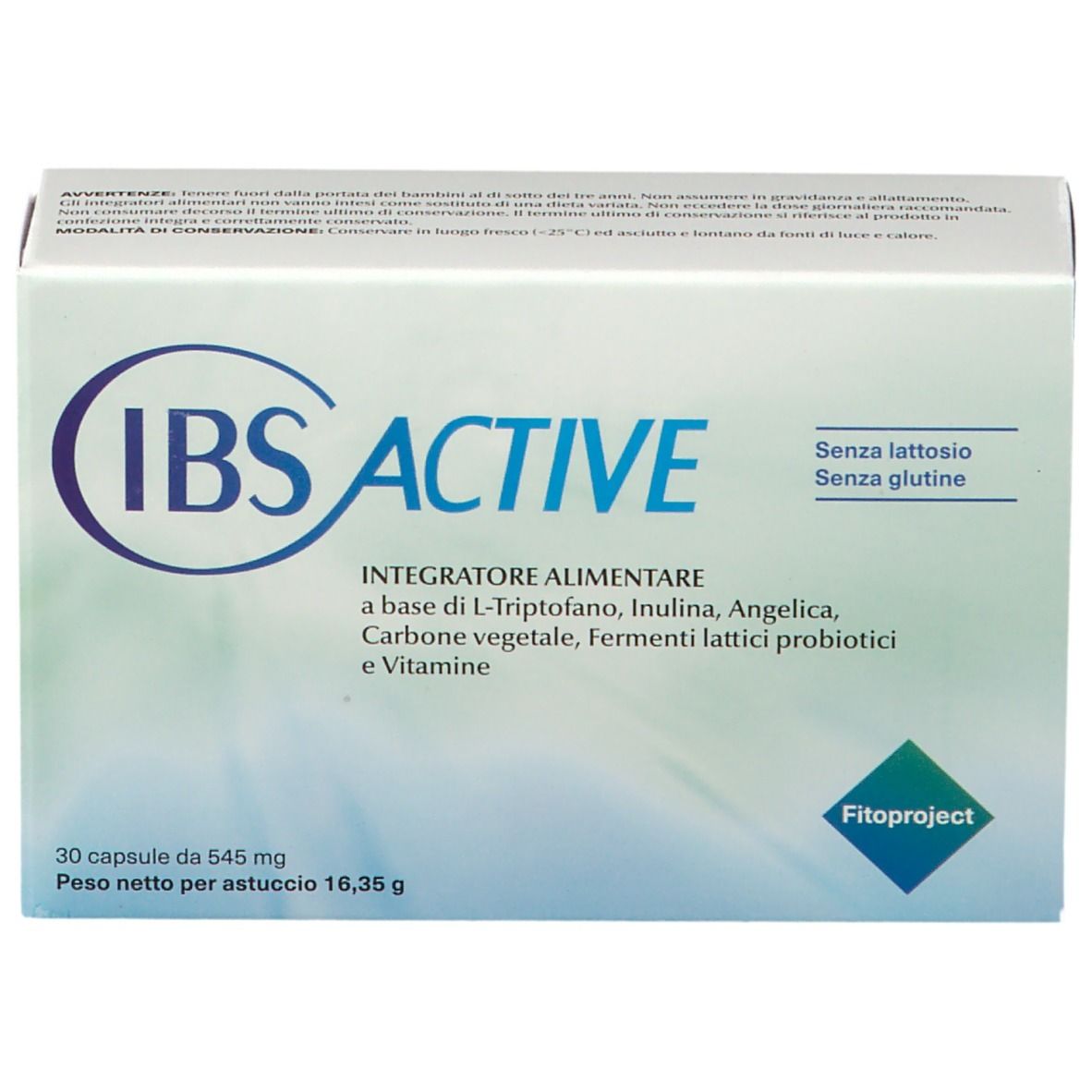 Scatola bianca con scritta blu IBS ACTIVE. Contiene 30 capsule. Senza lattosio e senza glutine. Marchio: Fitoproject.
