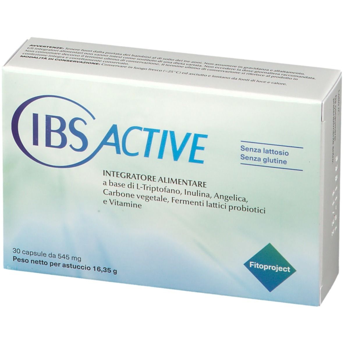 Scatola bianca con scritta blu IBS ACTIVE. Contiene 30 capsule. Senza lattosio e senza glutine. Marchio: Fitoproject.