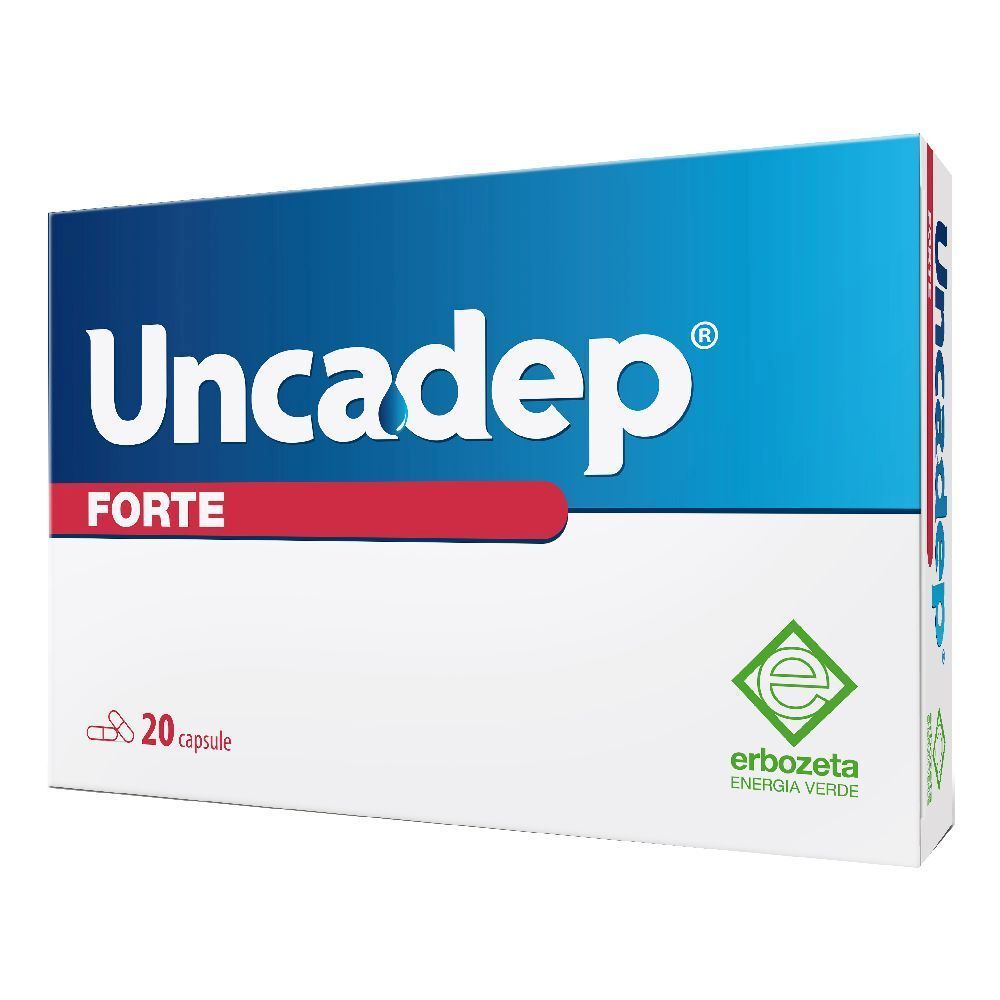 Scatola di Uncadep Forte Lattoferrina, 20 capsule. Design blu e bianco con logo e nome del prodotto.
