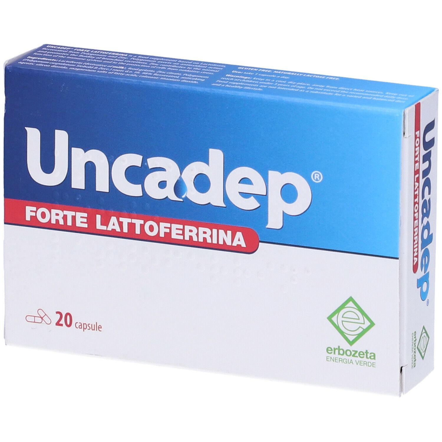 Scatola Uncadep Forte Lattoferrina, 20 capsule. Design blu e bianco, logo e nome del prodotto.