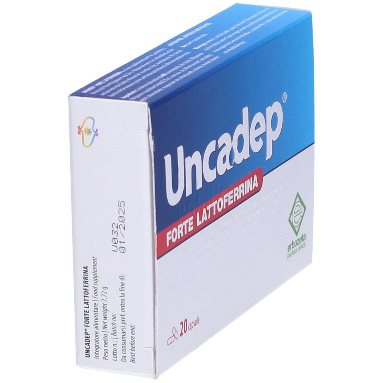 Scatola Uncadep Forte Lattoferrina, 20 capsule. Design blu e bianco, logo e nome del prodotto, vista angolata.