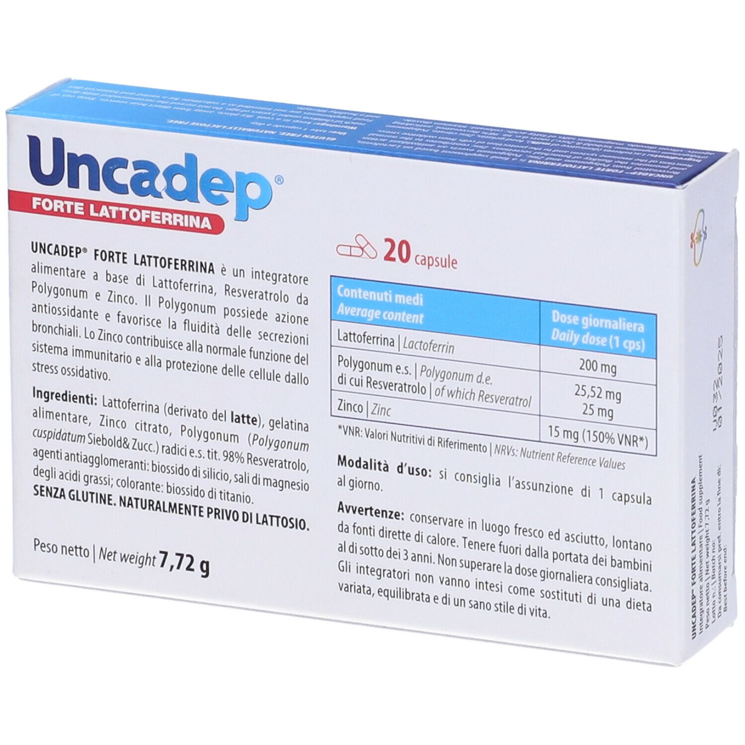 Scatola Uncadep Forte Lattoferrina, 20 capsule. Informazioni sul prodotto, ingredienti e dosaggio.