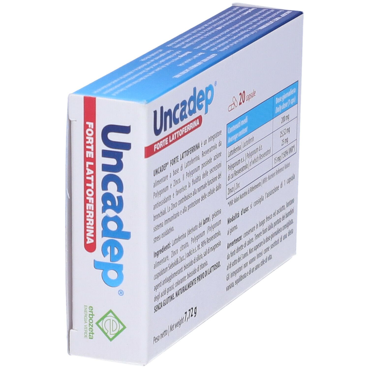 Scatola Uncadep Forte Lattoferrina, 20 capsule. Informazioni, ingredienti e dosaggio, vista angolata.